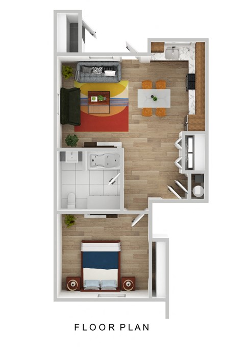Floor plan for 1 bed, 1 bath, 728 sqft
